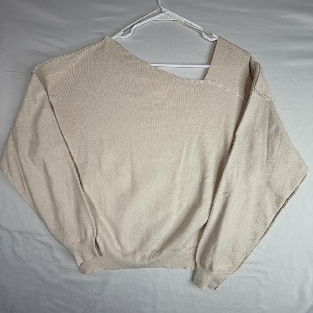Line and Dot Asymmetrical Neckline Sweater Size M Beige Revolve